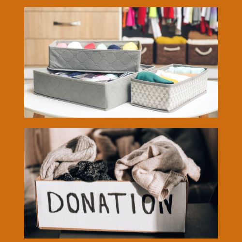Containers to organize clothing and a box of clothes labeled "donations"